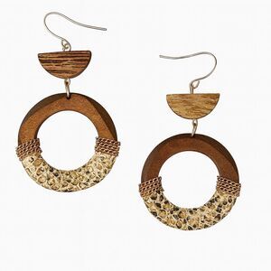 Boho Snakeskin Print Brown Wood Copper Tone Cable Chain Hoop Dangle Earrings NEW